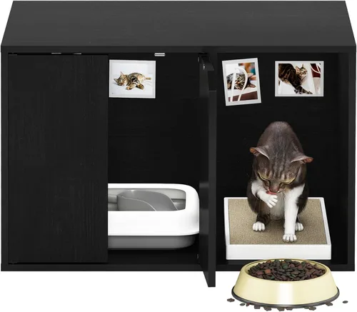 Vista 3 de Caja de arena Furinno Peli, Pequeña, Americano Entrada lateral, muebles ocultos, casa de madera para mascotas con puertas, fácil montaje