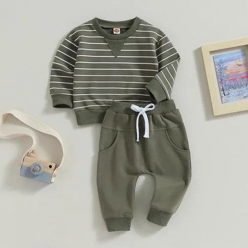 Vista 3 de VISGOGO Conjunto de 2 piezas de sudadera de manga larga con estampado de rayas para bebé niño