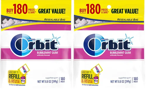 Vista 10 de ORBIT Goma de mascar Bubblemint sin azúcar a granel, bolsa resellable de 180 piezas, goma de mascar a granel Bubblemint sugar free gum in a