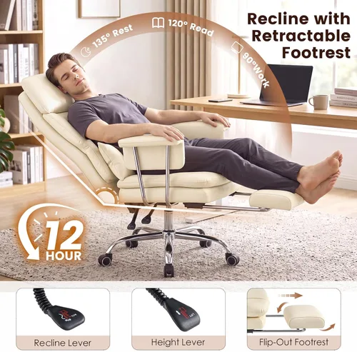 Vista 3 de Ergonomic Home Office Desk Chair, Heavy Duty Executive Chair with Footrest Beige