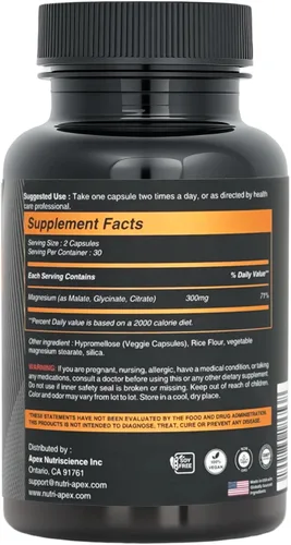 Vista 2 de Suplemento de magnesio para energía – Complejo triple de magnesio 300 mg con glicinato, malato y citrato – Alta absorción para recuperación