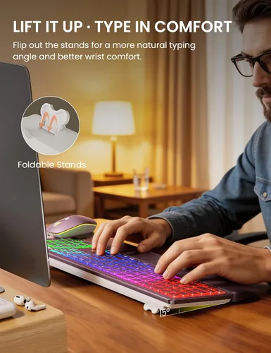 Vista 7 de Wireless Keyboard and Mouse Combo, RGB Backlit, Rechargeable & Light Up Letters, Full-Size, Soft Typing, Sleep Mode, 2.4GHz Quiet Keyboard Set for