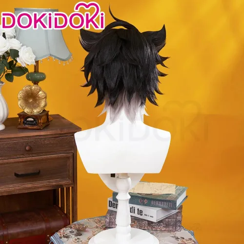 Vista 4 de KIRA KIRA Wriothesley - Peluca de cosplay, pelo corto negro y gris para Genshin Impact Fontaine Cosplay Cosplay para hombres y mujeres