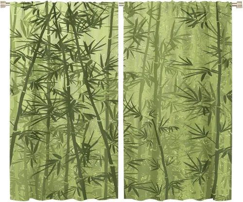Vista 60 de Cortinas con estampado de bambú, tallos y hojas de bambú, temática oriental natural, oscurecimiento de habitación, ventana, ventana, cortina