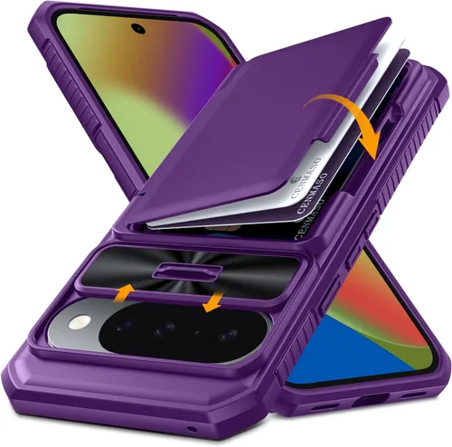 Vista 12 de CENMASO - Funda para Google Pixel 9 Pro XL con tarjetero (4 tarjetas), funda deslizante para cámara y función atril, bloqueo RFID, protección