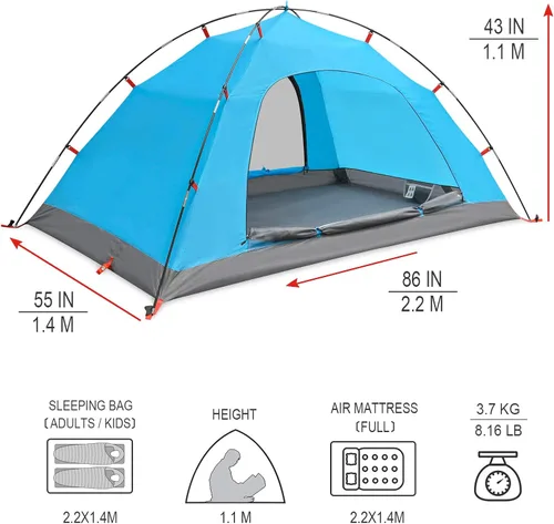Vista 6 de KAZOO Tienda de campaña para 2/4 personas al aire libre impermeable para la familia, tiendas grandes para 2/4 personas, fácil instalación, tienda