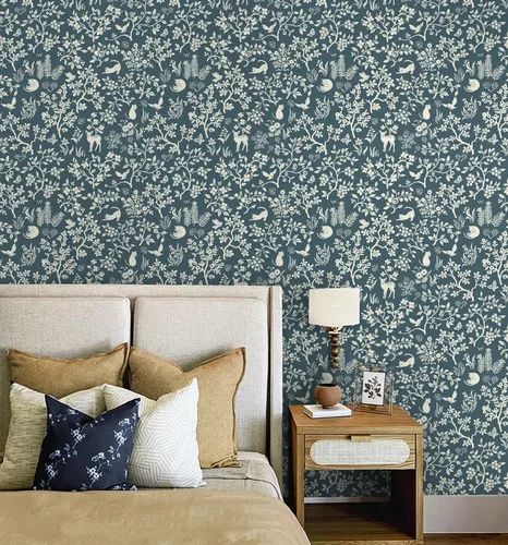 Vista 4 de HeloHo Papel tapiz autoadhesivo para despegar y pegar, papel de contacto floral azul oscuro, bohemio, autoadhesivo, extraíble, para gatos, pájaros