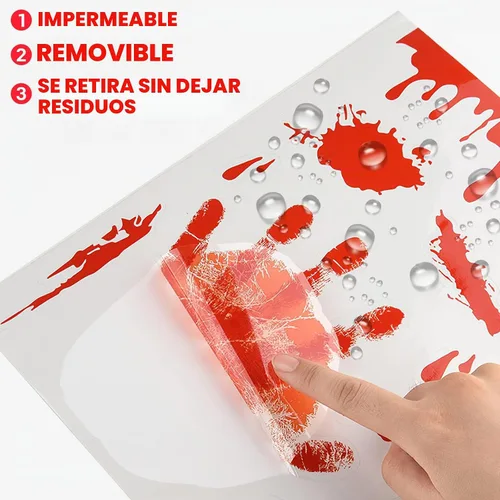 Vista 3 de KUUQA 4 calcomanías de PVC de terror con huellas de manos sangrientas