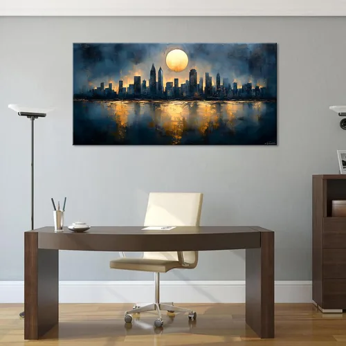 Vista 7 de GAFSING Lienzo decorativo para pared, diseño de luna dorada, paisaje urbano, impresiones en lienzo abstracto, pintura artística, imagen, decoración