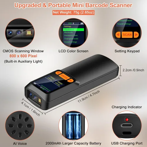 Vista 3 de KUIIYER Mini escáner de código de barras Bluetooth, escáneres inalámbricos 2D QR 1D de código de barras con pantalla LCD y teclado de ajuste y voz