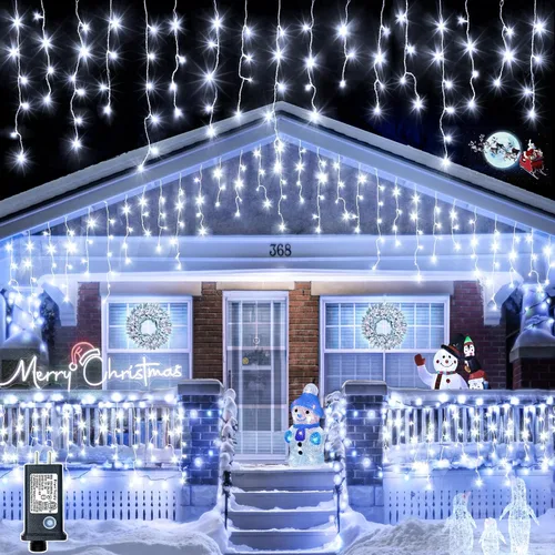 Vista 18 de Luces de Navidad de carámbano para exteriores, 66 pies, 640 luces LED de Navidad azules y blancas, 8 modos con 120 gotas, luz de carámbano