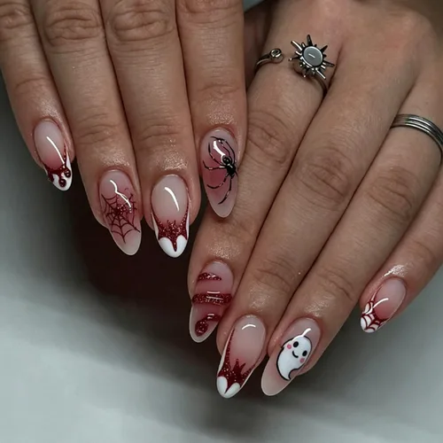 Vista 15 de Uñas postizas a presión de Halloween, uñas postizas de almendra, cobertura completa, uñas postizas rojas con diseños de gotas de sangre, punta 14