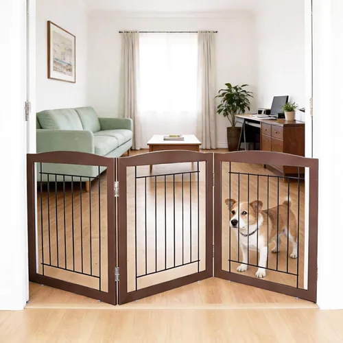 Vista 26 de ZJSF Puerta plegable independiente para perros para casa, puerta de madera extra ancha para cachorros, escaleras, puertas para mascotas, valla alta