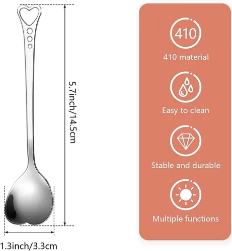 Vista 2 de Juego de 10 cucharas de postre de acero inoxidable en forma de corazón para el hogar, restaurante, cafetería y bar, diseño elegante, uso