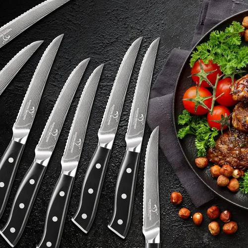 Vista 6 de Juego de cuchillos de cocina, juego de cuchillos de cocina de Damasco de 18 piezas con bloque, mango ergonómico de ABS para juego de cuchillos