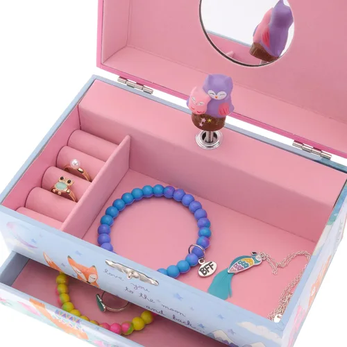 Vista 4 de Jewelkeeper Caja de almacenamiento de joyería musical para niña, cajón extraíble, diseño de búhos del bosque, Twinkle Twinkle Little Star Tune