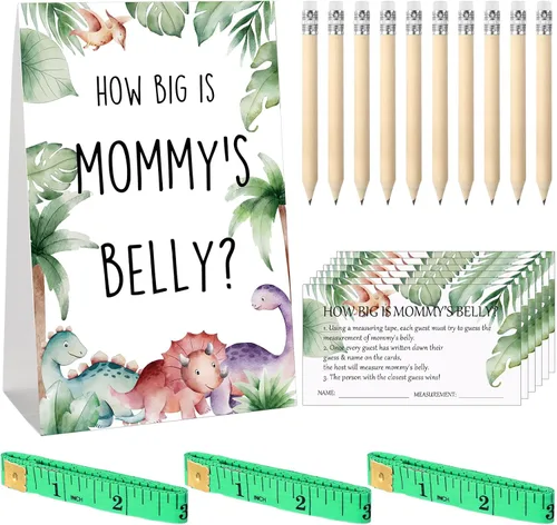 Vista 106 de Sabary 64 Piezas Juegos de Baby Shower Incluyen Letrero How Big is Mommy's Belly Sign Measure Bump Game 50 Tarjetas 10 Lápices 3 Cintas Métricas