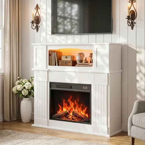 Vista 8 de Chimenea eléctrica de 28 pulgadas con repisa, chimenea LED pequeña con inserto de chimenea de 18 pulgadas, llama realista 3D, chimenea portátil