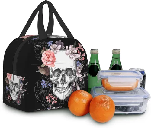 Vista 6 de Bolsa de almuerzo con diseño de calavera de azúcar, con diseño de calavera floral, regalo para mujeres y hombres, bolsas Teto para el trabajo