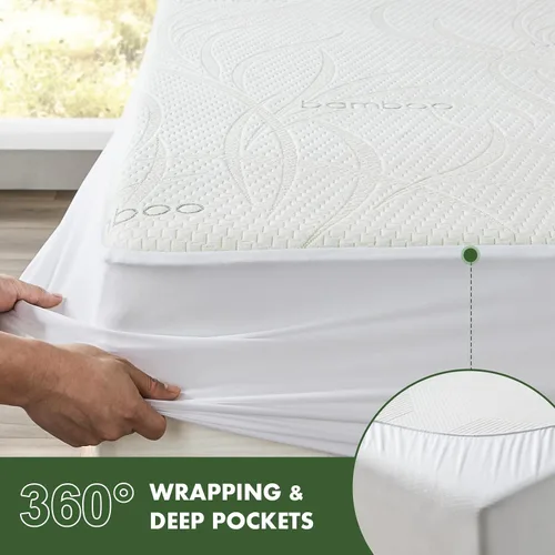 Vista 5 de Protector de colchón impermeable tamaño individual XL, protector de colchón transpirable de rayón de bambú con bolsillos elásticos profundos