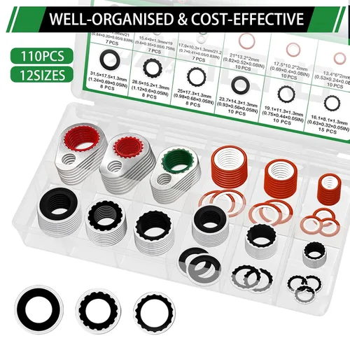 Vista 4 de Kit surtido de 110 piezas de arandelas de sello de compresor de sistema de aire acondicionado, 12 tamaños automotrices para compresor de A/C, kit