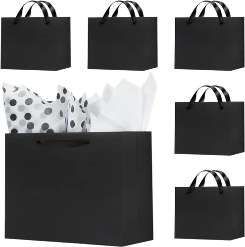 Vista 13 de Offizon 12 bolsas de regalo negras, bolsas de regalo con papel de seda