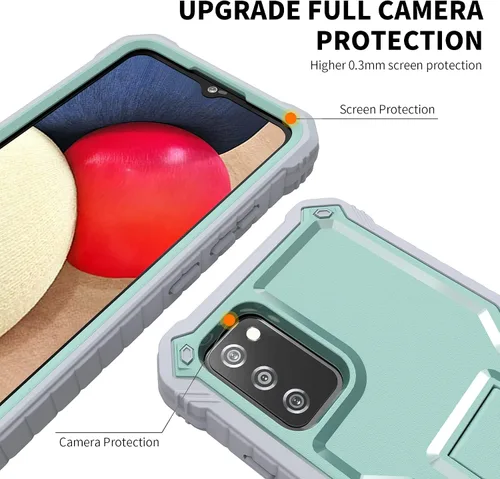Vista 3 de Funda para Samsung Galaxy A02S, protección de grado militar, doble capa, a prueba de golpes, con protector de pantalla HD de vidrio templado y Verde
