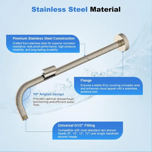 Vista 2 de Hibbent Brazo de extensión de ducha de metal de 16 pulgadas, brazo de ducha extra largo de acero inoxidable con brida, extensor de cabezal de ducha