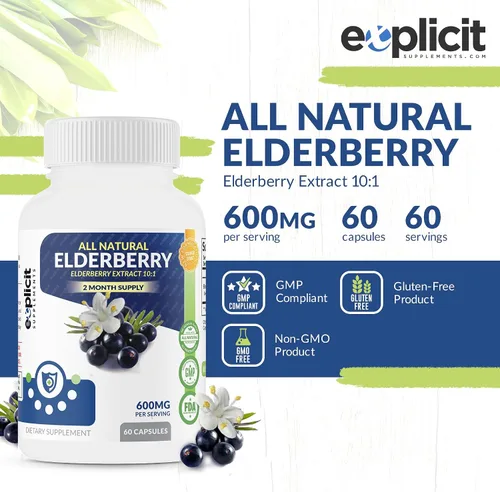 Vista 2 de Suplemento de saúco totalmente natural – Potentes cápsulas antioxidantes de saúco – Extra fuerte 1200 mg – Apoya la salud inmunológica – Fabricado