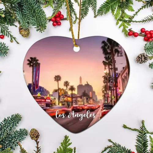 Vista 2 de Escena de la ciudad de Los Ángeles, paisaje urbano, paisaje natural, adorno de corazón, decoración de árbol de Navidad, adorno de Navidad plano