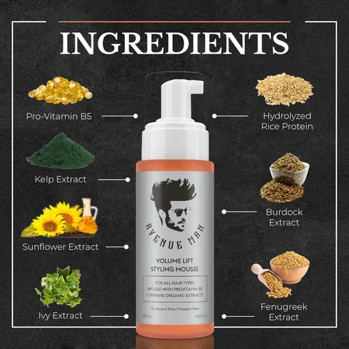 Vista 4 de Avenue Man Volume Lift Mousse – Espuma para el cabello de 5.07 onzas con aceite de argán, proteína de seda y vitamina E para mayor fuerza, grosor