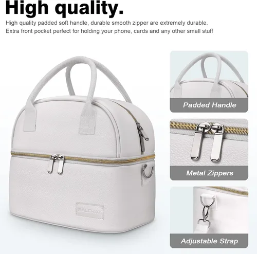 Vista 4 de BALORAY Bolsa de almuerzo para mujeres y hombres, lonchera de doble cubierta para adultos, bolsa de almuerzo de piel sintética, bolsas de almuerzo