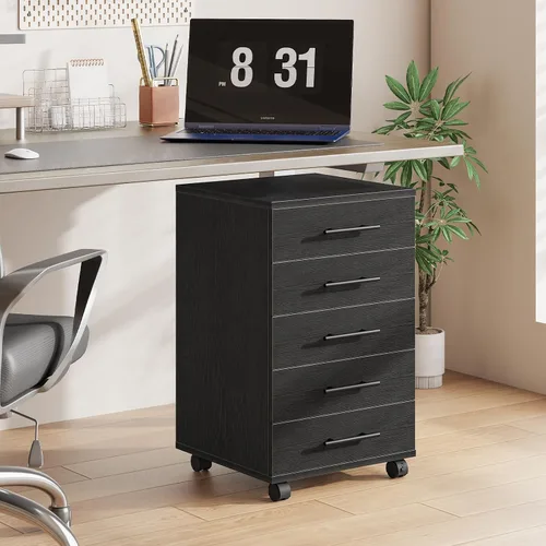 Vista 4 de HOOBRO Archivador de 5 cajones, gabinete de oficina con cajones, gabinete de almacenamiento de madera con ruedas para maquillaje, oficina en casa