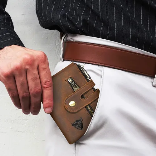 Vista 7 de Genuino caballo loco cuero viaje regalo moneda bolsillo tarjeta caso largo organizador cadena Rfid monedero con broche para hombres hombres 1803