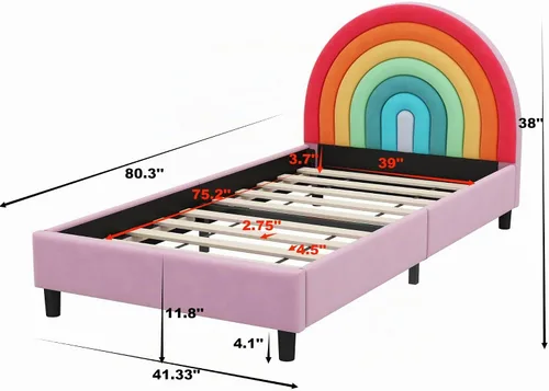 Vista 2 de SOFTSEA Base de cama tamaño individual con diseño de arco iris para niños, cama tapizada individual con cabecera arcoíris, cama de princesa, linda