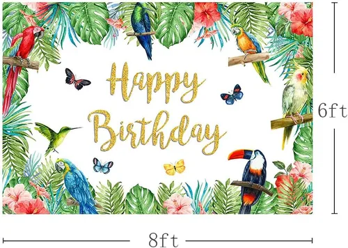 Vista 3 de MEHOFOND Telón de fondo de cumpleaños de pájaro tropical, tucán de verano, hojas de palma, purpurina dorada, pancarta de feliz cumpleaños, fondo