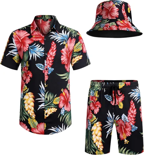 Vista 5 de COOFANDY Conjunto de camisa hawaiana y pantalón corto para hombre, traje de playa de 2 piezas con sombreros de pescador