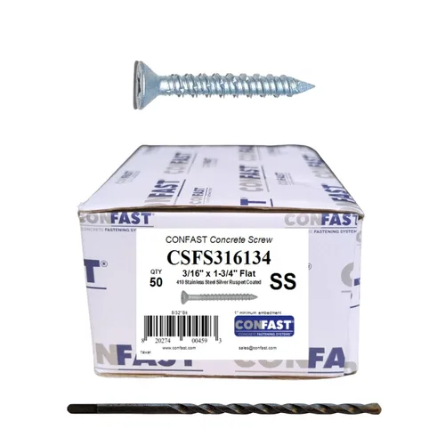 Vista 15 de CONFAST Tornillos para concreto de 1/4" x 1-3/4" de acero inoxidable 410 Phillips planos con cabeza cuadrada cóncava con broca para anclaje a