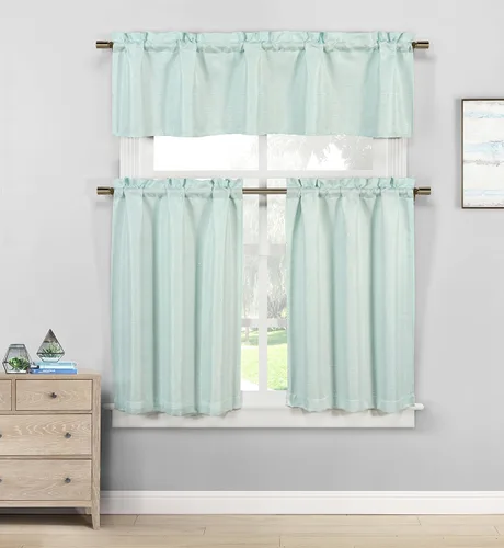 Vista 4 de Kensie Jane Linen - Juego de cenefa y cenefa de cocina con lentejuelas texturizadas, cortina de ventana pequeña para cafetería, baño, lavandería