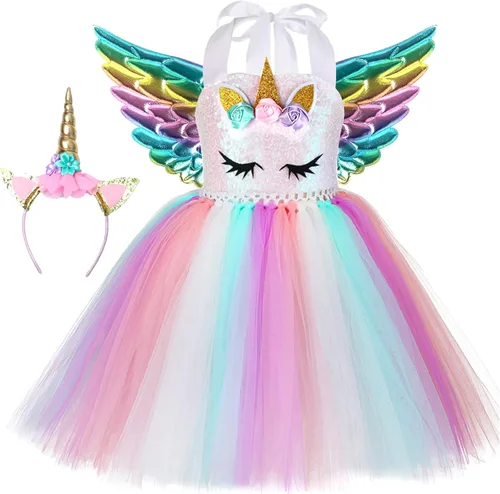 Vista 2 de Soyoekbt Girls Unicorn Costume LED Light Up Unicorn Dress Birthday Party Princess Dress for Halloween Party