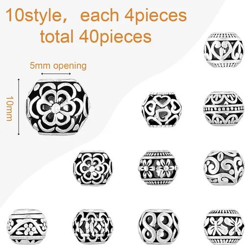 Vista 2 de 40 piezas de cuentas espaciadoras de tono plateado, cuentas huecas de aleación tibetana de filigrana de 10 mm, cuentas metálicas pequeñas