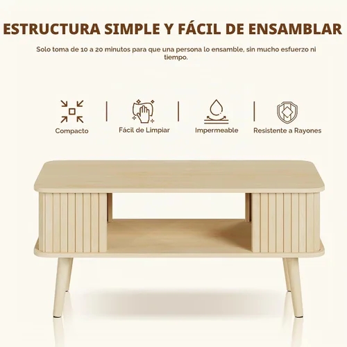 Vista 8 de Mesa de café LAZZO con almacenamiento mesa central para sala de estar mesa de café rectangular con bordes redondeados, fácil montaje, madera natural