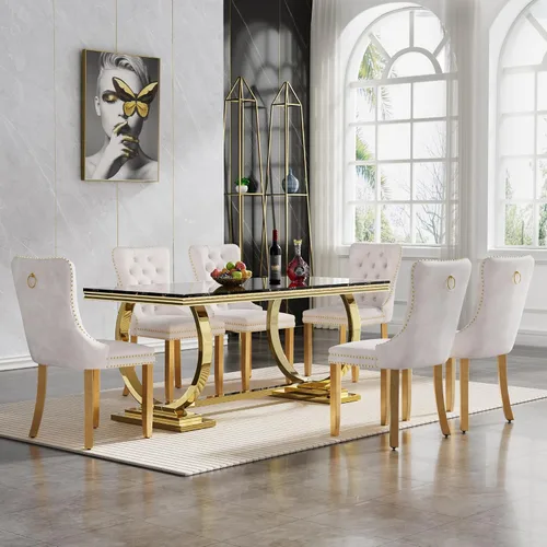 Vista 57 de HomVent Juego de mesa de comedor moderna de mármol sintético para 4 personas, mesa de cocina rectangular con 4 sillas beige (dorado)
