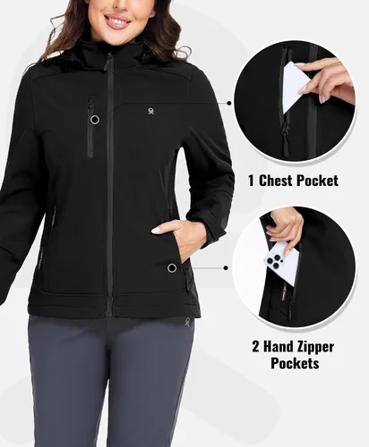 Vista 6 de Little Donkey Andy - Chaqueta Softshell para mujer, de esquí y snowboard con capucha extraíble, forro polar Mejora negro