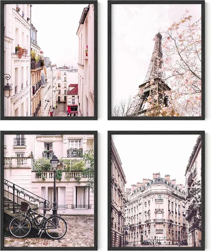 Vista 13 de HAUS AND HUES Decoración de pared de París rosa, juego de 4 impresiones artísticas de París, decoración estética de París para dormitorio o baño