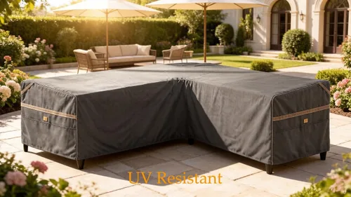 Vista 6 de Funda impermeable para sofá modular en forma de V para exteriores, resistente a los rayos UV, para muebles de patio de 5 plazas, 85 pulgadas de Gris