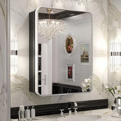 Vista 21 de Keonjinn Gabinetes de medicina delgados negros de 15 x 36 pulgadas, botiquín lateral estrecho para baño con espejo, marco de acero inoxidable