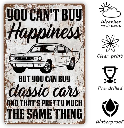Vista 3 de Divertidos letreros de metal vintage con texto en inglés «You Can't Buy Happiness But You Can Buy a Classic Cars Garage», letreros de metal