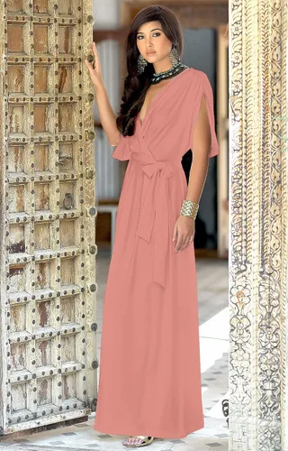 Vista 2 de KOH KOH Vestido largo semiformal de manga corta con cuello en V para mujer