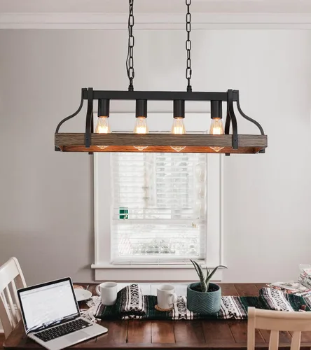 Vista 8 de MEIXISUE Lámpara rústica para isla de cocina, comedor, candelabro lineal estilo granja, acabado negro y madera retro, 4 luces, lámpara colgante